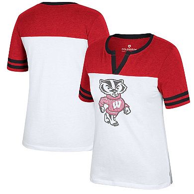 Women's Colosseum White/Heather Red Wisconsin Badgers Frost Yourself Notch Neck T-Shirt