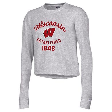 Women's Champion Gray Wisconsin Badgers Boyfriend Cropped Long Sleeve T-Shirt