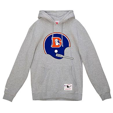 Men's Mitchell & Ness Heather Gray Denver Broncos Helmet Logo Vintage Pullover Hoodie