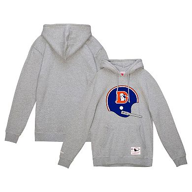 Men's Mitchell & Ness Heather Gray Denver Broncos Helmet Logo Vintage Pullover Hoodie