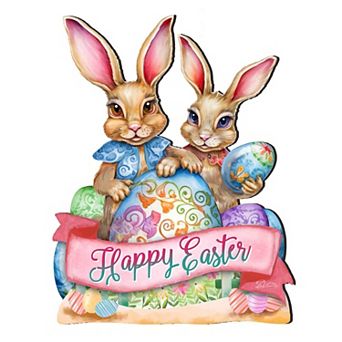 Happy Easter Bunnies 24-Inch Handcrafted Wooden Door Hanger & Wall Art by G. DeBrekht