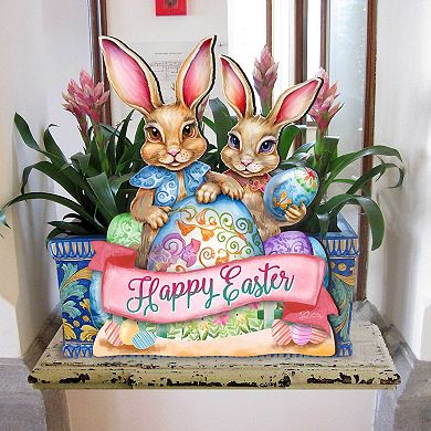 Happy Easter Bunnies 24-Inch Handcrafted Wooden Door Hanger & Wall Art by G. DeBrekht