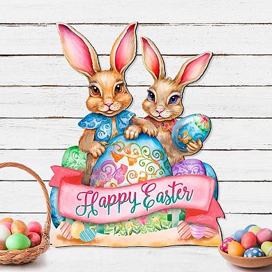 Happy Easter Bunnies 24-Inch Handcrafted Wooden Door Hanger & Wall Art by G. DeBrekht