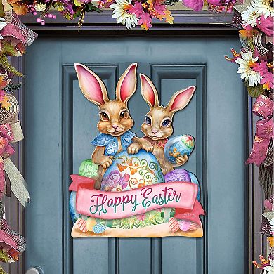 Happy Easter Bunnies 24-Inch Handcrafted Wooden Door Hanger & Wall Art by G. DeBrekht