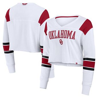 Women's Fanatics White Oklahoma Sooners Training Camp Cropped Long Sleeve V-Neck Fashion Top