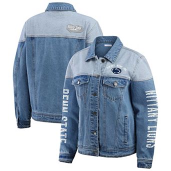 Women's WEAR by Erin Andrews Denim Penn State Nittany Lions Sleeve Hit Colorblock Button-Down Denim Jacket