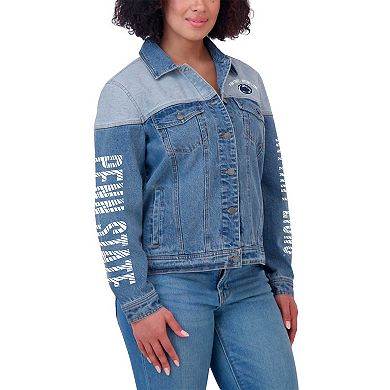 Women's WEAR by Erin Andrews Denim Penn State Nittany Lions Sleeve Hit Colorblock Button-Down Denim Jacket