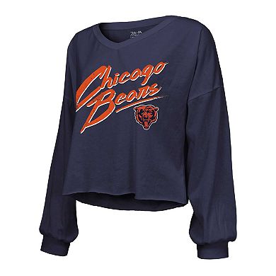 Women's Majestic Threads Caleb Williams Navy Chicago Bears Name & Number Off-Shoulder Script Cropped Long Sleeve V-Neck T-Shirt