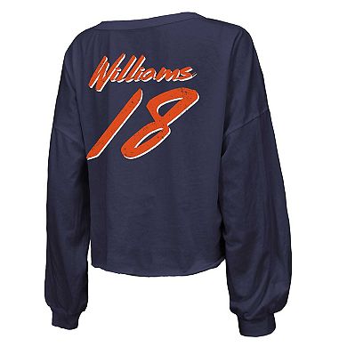 Women's Majestic Threads Caleb Williams Navy Chicago Bears Name & Number Off-Shoulder Script Cropped Long Sleeve V-Neck T-Shirt