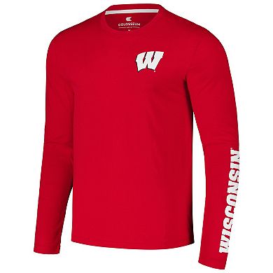 Men's Colosseum Red Wisconsin Badgers Logo Lockup 3-Hit Active Blend Long Sleeve T-Shirt