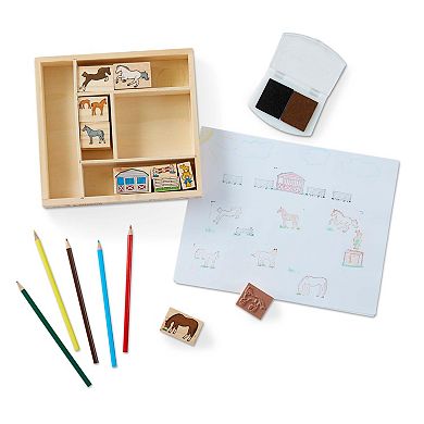 Melissa & Doug Wooden Stamp Activity Set: Horse Stable - 10 Stamps, 5 Colored Pencils, 2-Color Stamp Pad