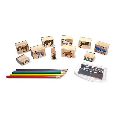 Melissa & Doug Wooden Stamp Activity Set: Horse Stable - 10 Stamps, 5 Colored Pencils, 2-Color Stamp Pad