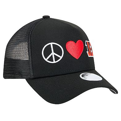 Women's New Era Black Cincinnati Bengals Peace & Love Trucker 9FORTY Adjustable Hat