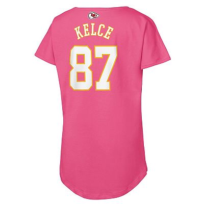 Girls Youth Travis Kelce Pink Kansas City Chiefs Player Name Number T Shirt