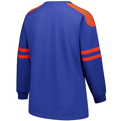 Women's Fanatics Royal Florida Gators Plus Size Contrast Sleeve Fleece Pullover Sweatshirt