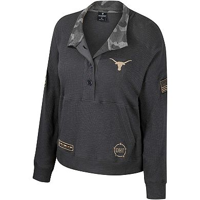 Women's Colosseum Heather Charcoal Texas Longhorns OHT Military Appreciation Payback Henley Thermal Sweatshirt