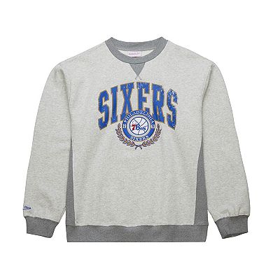 Men's Mitchell & Ness Heather Gray Philadelphia 76ers Vintage Logo Pullover Sweatshirt