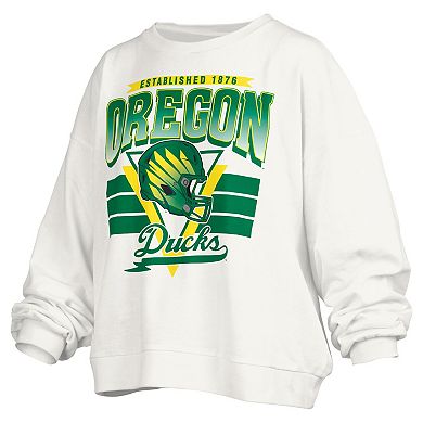 Women's Pressbox White Oregon Ducks Janice Retro Logo Oversized Pullover Sweatshirt