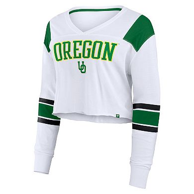 Women's Fanatics White Oregon Ducks Training Camp Cropped Long Sleeve V-Neck Fashion Top