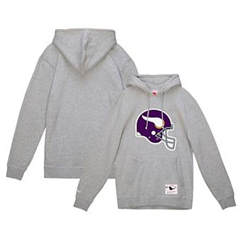 Men's Mitchell & Ness Heather Gray Minnesota Vikings Helmet Logo Vintage Pullover Hoodie