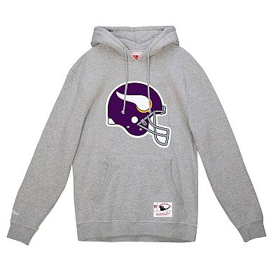 Men's Mitchell & Ness Heather Gray Minnesota Vikings Helmet Logo Vintage Pullover Hoodie
