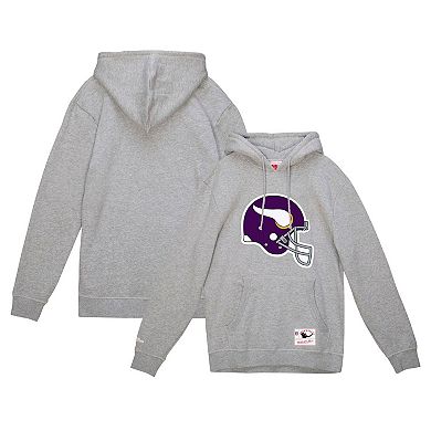 Men's Mitchell & Ness Heather Gray Minnesota Vikings Helmet Logo Vintage Pullover Hoodie