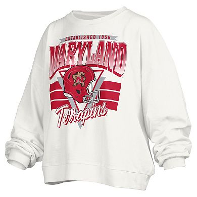 Women's Pressbox White Maryland Terrapins Janice Retro Logo Oversized Pullover Sweatshirt