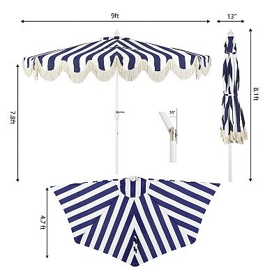 9ft Half Market Umbrella, Scalloped Fringe, Crank, Button Tilt, Uv Protection
