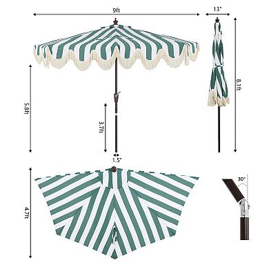 9ft Half Market Umbrella, Scalloped Fringe, Crank, Button Tilt, Uv Protection