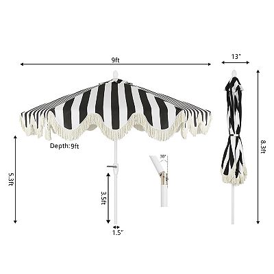9ft Tassel Market Patio Umbrella Auto-tilt, Crank, Wind Vent Uv