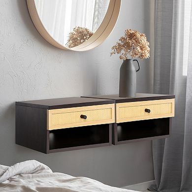 Celerie Mid-century Modern Floating Wall Mounted Nightstand, Soft-close Rattan Drawer And Cable Hole