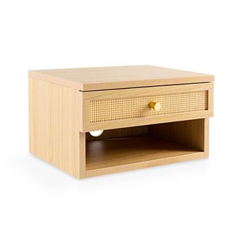 Celerie Mid-century Modern Floating Wall Mounted Nightstand, Soft-close Rattan Drawer And Cable Hole