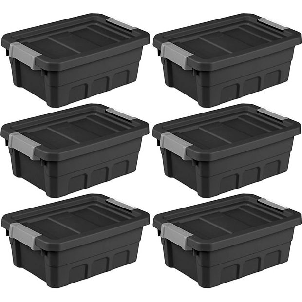 6 piece Industrial Storage Totes With Latch Clip Lids Black