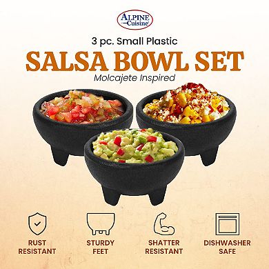 Alpine Cuisine Molcajete 3pc Salsa Bowl For Guacamole Sauce Chips Deep Mexican Tortilla Black