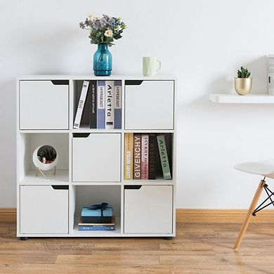 9 Cube Wooden Organizer With 5 Enclosed Doors And 4 Shelves