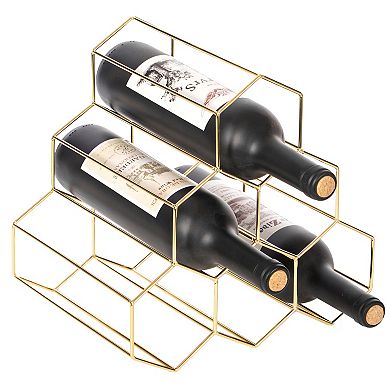 6 Bottle Gold Metal Modern Beehive Honeycomb Shape Countertop Wine Bottle Holder Rack Stand