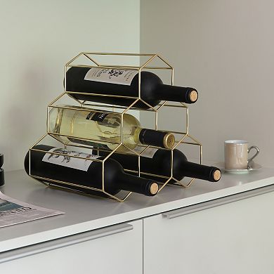 6 Bottle Gold Metal Modern Beehive Honeycomb Shape Countertop Wine Bottle Holder Rack Stand