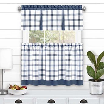 Kate Aurora Windowpane Plaid Country Farmhouse Kitchen Curtain Tier and Valance
