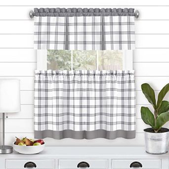 Kate Aurora Windowpane Plaid Country Farmhouse Kitchen Curtain Tier and Valance