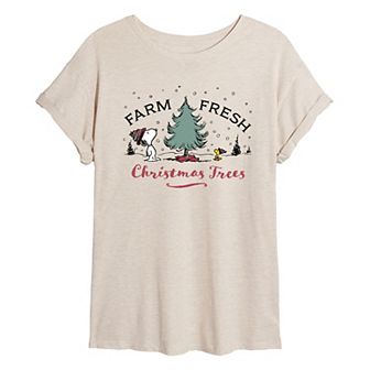 Juniors' Peanuts Farm Fresh Christmas Trees Oversized Tee