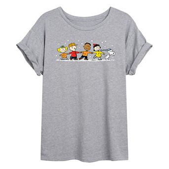 Juniors' Peanuts Group Ice Skating Oversized Tee