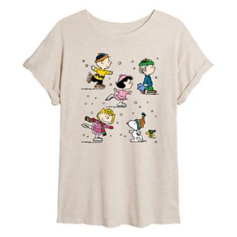 Juniors' Peanuts Group Winter Fun Oversized Tee