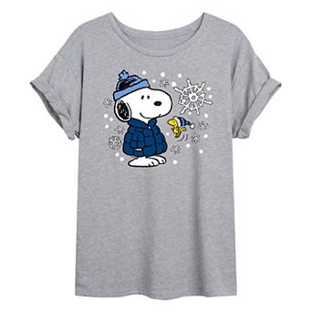 Juniors' Peanuts Snoopy & Woodstock Snow Oversized Tee