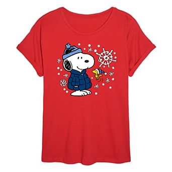 Juniors' Peanuts Snoopy & Woodstock Snow Oversized Tee