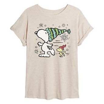 Juniors' Peanuts Snoopy & Woodstock Skate Oversized Tee