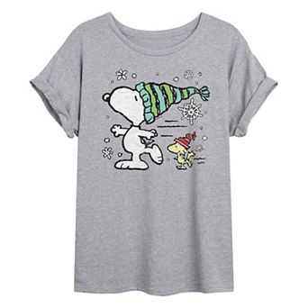 Juniors' Peanuts Snoopy & Woodstock Skate Oversized Tee
