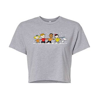 Juniors' Peanuts Group Ice Skating Cropped Tee