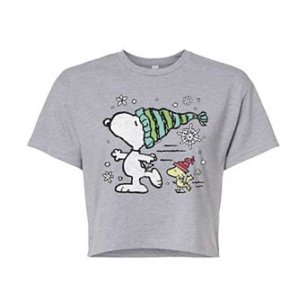 Juniors' Peanuts Snoopy & Woodstock Skate Cropped Tee