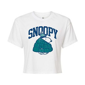 Juniors' Peanuts Snoopy Puffer Collegiate Cropped Tee