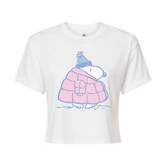 Juniors' Peanuts Snoopy Puffer Jacket Cropped Tee